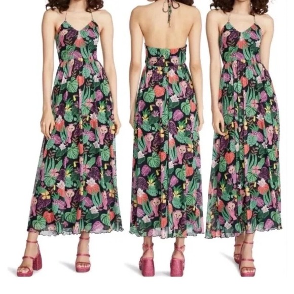 Betsey Johnson Dresses & Skirts - Betsey Johnson Tropical Jungle Leopard Toucan Halter Maxi Dress Black Pink Med